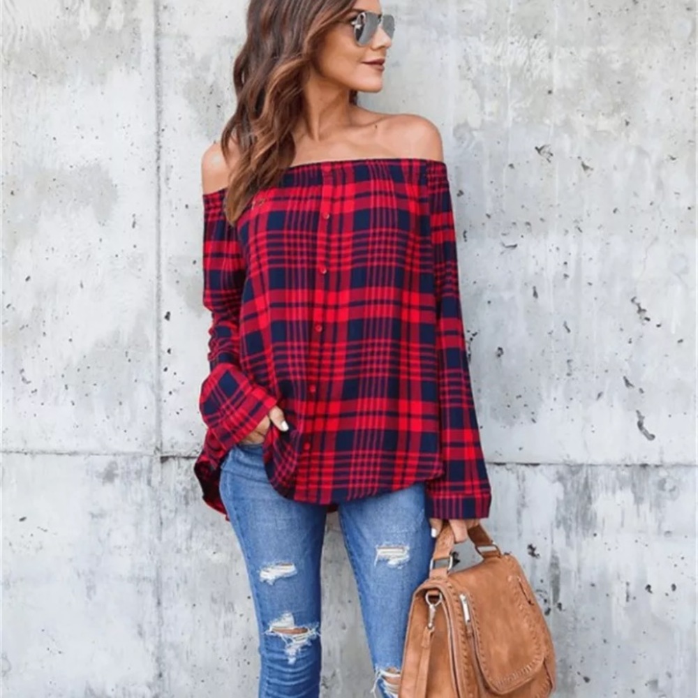 ❤️🌲❗️ Plaid off shoulder top - Picture 3 of 4